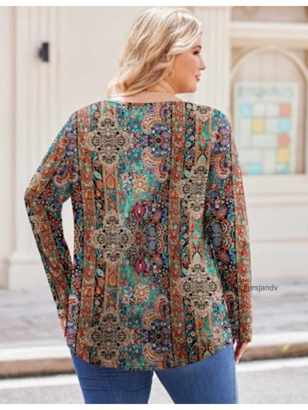 Plus Size Long Sleeve V-Neck Tunic Top with Pleated Chest - Picture 5 of 6